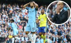 El rostro de Pep y el Kun Agüero tras empatar 1-1 ante el Everton. Foto AFP.