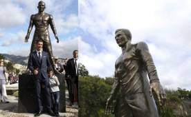 Cristiano Ronaldo posando con su estatua y su hijo. Al delantero lo acompañó su familia. (Foto: AFP)