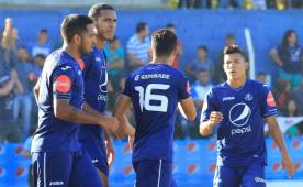Los jugadores de Motagua celebran la anotación de Eddie Hernández. Fotos Ronal Aceituno.