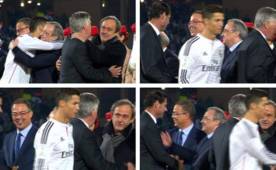 Momento en que Cristiano saluda y abraza a Florentino Pérez y luego ignora a Platini.