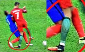 Así fue la dura falta de Payet contra Cristiano Ronaldo, la rodilla izquierda del portugués quedó mal colocada.