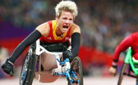 Belgian athlete Marieke Vervoort pictured during the return of the Belgian athletes who competed at the 2016 Paralympic Games, Wednesday 21 September 2016 at Brussels airport in Zaventem. Team Belgium is taking home 11 medals from the Games which took place in Rio, Brazil. BELGA PHOTO THIERRY ROGE