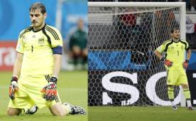 Iker Casillas tuvo su peor partido, terminó arrodillado ante Holanda. (EFE)