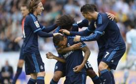 Danilo festeja su anotación con Modric, Marcelo y Cristiano Ronaldo. Foto AFP.
