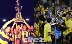Carlos Pavón levantando la copa de campeones de 1993 y en la otra gráfica Kevin Hernández y Marcelo Macías con la que se ganó en 2010.