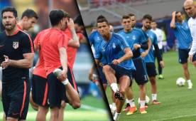 El Cholo Simeone y Zidane en los trabajos con sus pupilos previo a la final. Foto AFP.