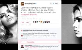 Nicolette van Dam se disculpó con la población de Colombia por Twitter.