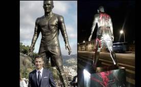 Messi, sale en la espalda de la estatua de Cristiano Ronaldo en su ciudad natal. Foto cortesía Mundo Deportivo.