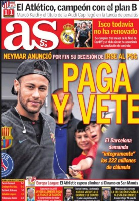 Neymar, protagonista de las portadas por el mundo con su salida del Barcelona