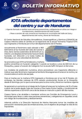 Tormenta Tropical Iota cambia de trayectoria y estará ingresando por el departamento de El Paraíso
