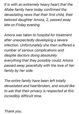 Conmoción en Inglaterra por la trágica muerte de la hija de dos años de Benik Afobe