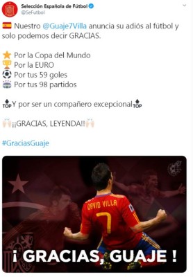 Los mensajes para David Villa tras anunciar su retiro del fútbol: 'Fue un honor Guaje'&nbsp;&nbsp;