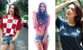 Mich Pérez, la hermosa presentadora del sitio mexicano 'Soy Referee' posó con las camisas de los finalista de la copa del mundo. Aún no sabe a quién apoyar. Fotos: Referee.