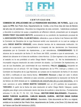 Comunicado oficial de la Comisión de Disciplina sobre el castigo de Diego Vázquez.