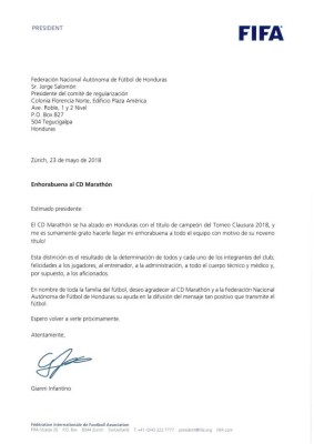 FIFA felicita a Marathón por su noveno título en Honduras