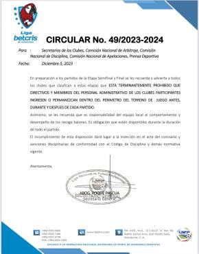Circular de la Liga Nacional de Honduras donde avisa que los directivos no pueden ingresar a la cancha.