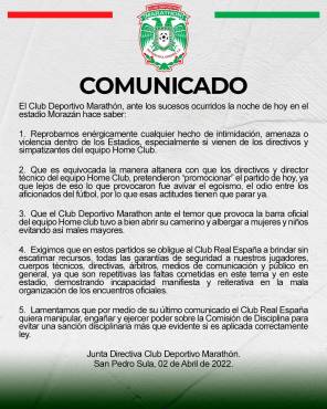 Marathón responde con un fuerte comunicado y llama “altaneros” a directivos del Real España y los señala de “engañar y manipular”