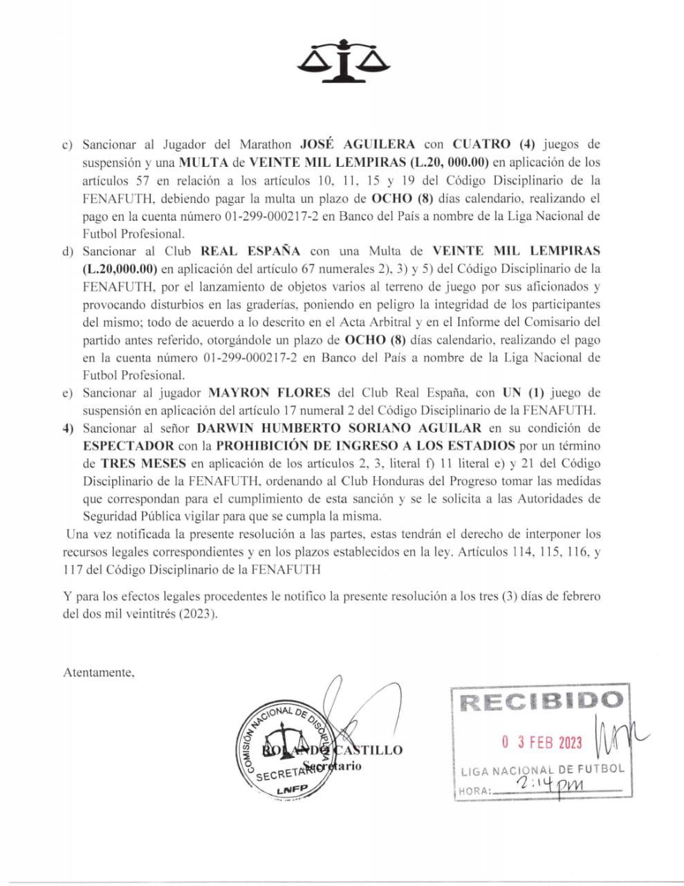 Real España también ha multado por los disturbios que provocaron los miembros de su barra.