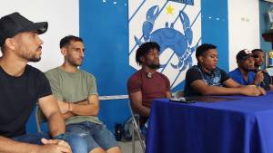 Marcelo Espinal, Fabricio Silva, ‘Machuca’ Ramírez, Maiy Card,<b> </b>Luis Hurtado y José Velásquez Colón en conferencia. FOTO: Victoria.