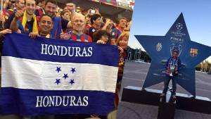 Saris Orellana junto a aficionados del Barcelona en el estadio olímpico de Berlín.
