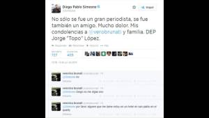 Este fue el mensaje de condolencia de Simeone y abajo la respuesta de Verónica Brunatti.