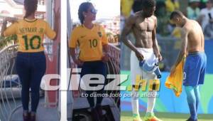 La esposa de Jhonny Palacios exhibe la camisa de Neymar, la que Palacios cambió en los Juegos Olímpicos y causó polémica y duros comentarios contra el jugador.