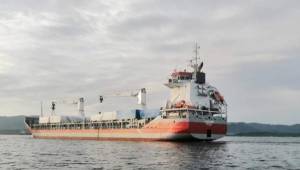 Momentos cuando la embarcación estaba llegando a la bahía de Puerto Cortés para luego ser descargado los dos hospitales móviles. Fotos cortesía