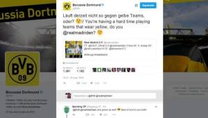 ¿Estás pasando una mala racha contra equipos que visten de amarillo no, @realmadriden?, escribió el equipo alemán.