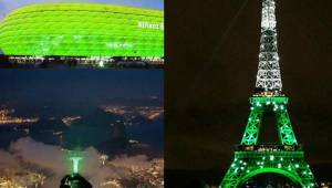 Así lucen el Allianz Arena, La Torre Eiffel y el Cristo Redentor en homenaje al equipo brasileño.