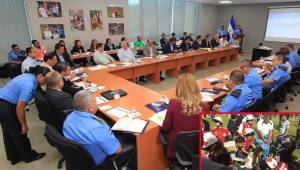 La reunión de los entes de seguridad, Fenafuth y Liga Nacional abordando el tema de violencia en los estadios en Honduras. Fotos Johny Magallanes