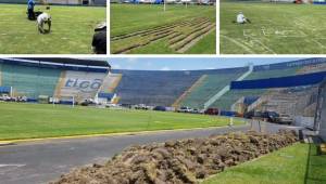 El estadio Nacional está siendo reparado su engramillado de cara al arranque del torneo Apertura 2021, donde debutará el Motagua.