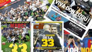 Las portadas de los diarios deportivos más importantes del mundo se rinden al Real Madrid que consiguió la Liga número 33 en su historia; en Barcelona es la otra cara de la moneda.