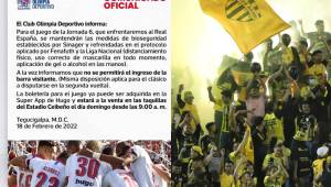 Comunicado oficial del Olimpia en donde indica que la barra organizada de Real España no podrá ingresar al Estadio Ceibeño.