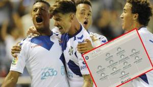 El mediocampista hondureño Bryan Acosta festejando con sus compañeros su golazo marcado ante el Deportivo. Foto cortesía