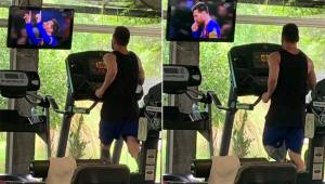Messi fue fotografiado mientras se ejercitaba y miraba sus goles por la TV.