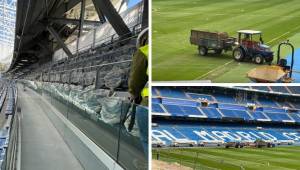 El estadio Santiago Bernabéu sigue en obras y así está actualmente. Le hicieron un nuevo cambio de césped y ya instalaron una de las gradas laterales.
