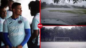 En varios sectores de Tegucigalpa se registró una fuerte tormenta y la sede de Motagua sufrió los embates del agua que inundó la cancha donde las Águilas realizan sus entrenamientos. Los futbolistas tuvieron que esperar que la intensidad del aguacero y el líquido disminuyera del campo para proceder a realizar su práctica. Fotos: David Romero.