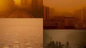 Una gigante tormenta de arena invade las calles de Beijing donde se mezcló con al aire contaminado de la ciudad China el día domingo. Los cubrebocas cumplieron una doble función de protección ante la contaminación y el coronavirus.