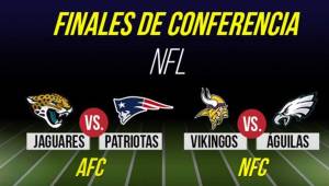 Los cruces en las finales de conferencia en la NFL quedaron estableciodos, los Patriots se enfrentan a los Jaguars y por otra parte las Águilas de Filadelfia le hace los honores a los Vikingos de Minnesota.