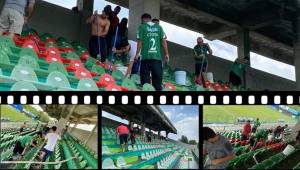 Aficionados del Marathón realizaron la limpieza del sector de silla del estadio Yankel Rosenthal para el juego de este domingo ante Real España. Fotos cortesía