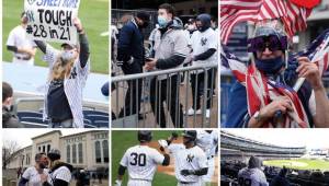 Con guantes de catcher, camisetas de su equipo y mascarillas, los aficionados volvieron al Yankee Stadium de Nueva York por primera vez desde octubre de 2019 para el arranque este jueves de la temporada de las Grandes Ligas de béisbol.