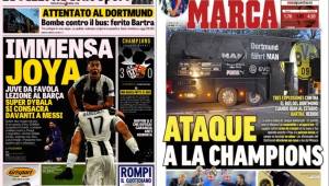 En las portadas de hoy: Juventus da tremendo baile al Barcelona y sale con ventaja de 3-0, para la vuelta. Borussia Dortmund y Mónaco juegan hoy tras suspender el juego por ataque explosivo en Dortmund.