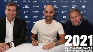 Pep Guardiola luego de firmar su contrato con el City que lo vincula hasta 2021. Foto @ManCity