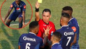 El jugador del Motagua, Wilmer Crisanto, arremetió contra el árbitro Héctor Rodríguez por el penal que les sancionó frente a Marathón. Foto Neptalí Romero