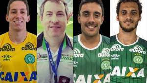 Los jugadores Jakson Follman, Rafael Henzel (periodista), Alan Ruschel y Hélio Neto, tres de los sobrevivientes del Chapecoense.