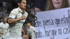 Aficionada llevó un mensaje a James al Santiago Bernabéu.