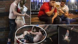 Aficionados ingleses que habían salido a las calles para celebrar el pase a la final del mundial de Rusia, terminaron hundidos en el alcohol, mujeres casi desnudas y otros lanzándose a ríos.