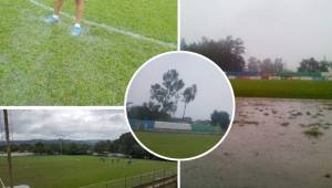 Las fuertes lluvias que han caído en el país en las últimas horas, ha hecho que la cancha del estadio Roberto Martínez Ávila de Siguatepeque, esté llena de agua. Aquí se juega el partido entre Real de Minas y Platense.