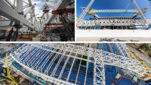 Real Madrid publicó hoy nuevas imágenes de cómo avanzan las obras del Santiago Bernabéu. La primera megacercha ya está en lo más alto del estadio.