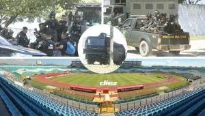 La Policía toma el control total del estadio Olímpico, así le hacen los últimos arreglos al inmueble que albergará la final de ida Marathón-Olimpia. Fotos: Neptalí Romero y Mauricio Ayala.